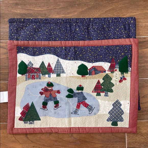 VTG Trim A Home Christmas Winter Ice skating Cloth Placemats Tree Snowman (2) - Picture 2 of 4